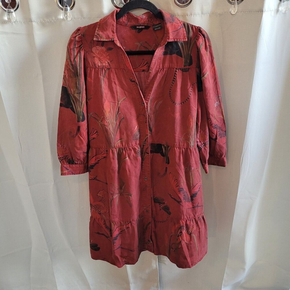 DEsigual Womens‎ Shirt Dress Small Red Exotic Animals Tiered 100% Lyocell 16533